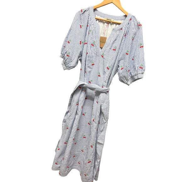 Boden NWT Bria Blue Striped Seersucker Cherry Embroidered A-Line Midi Dress - Picture 6 of 14